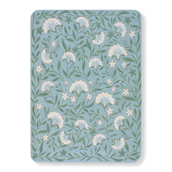 Garden hand-tufted wool rug in soft blue with sage green trailing vines and cream floral blossoms